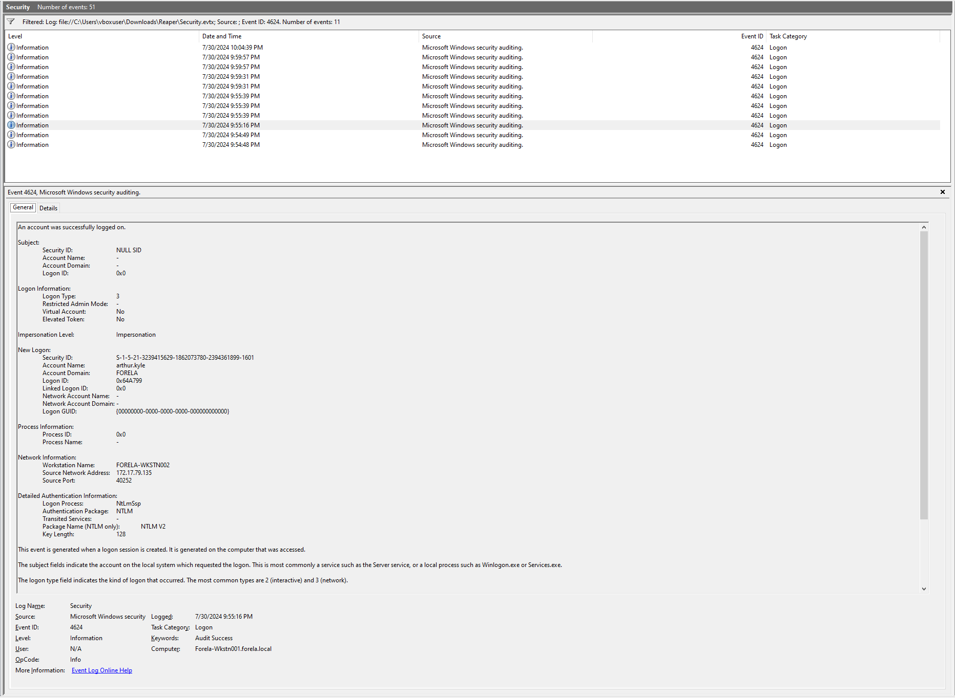 Event log NTLM relay indicators